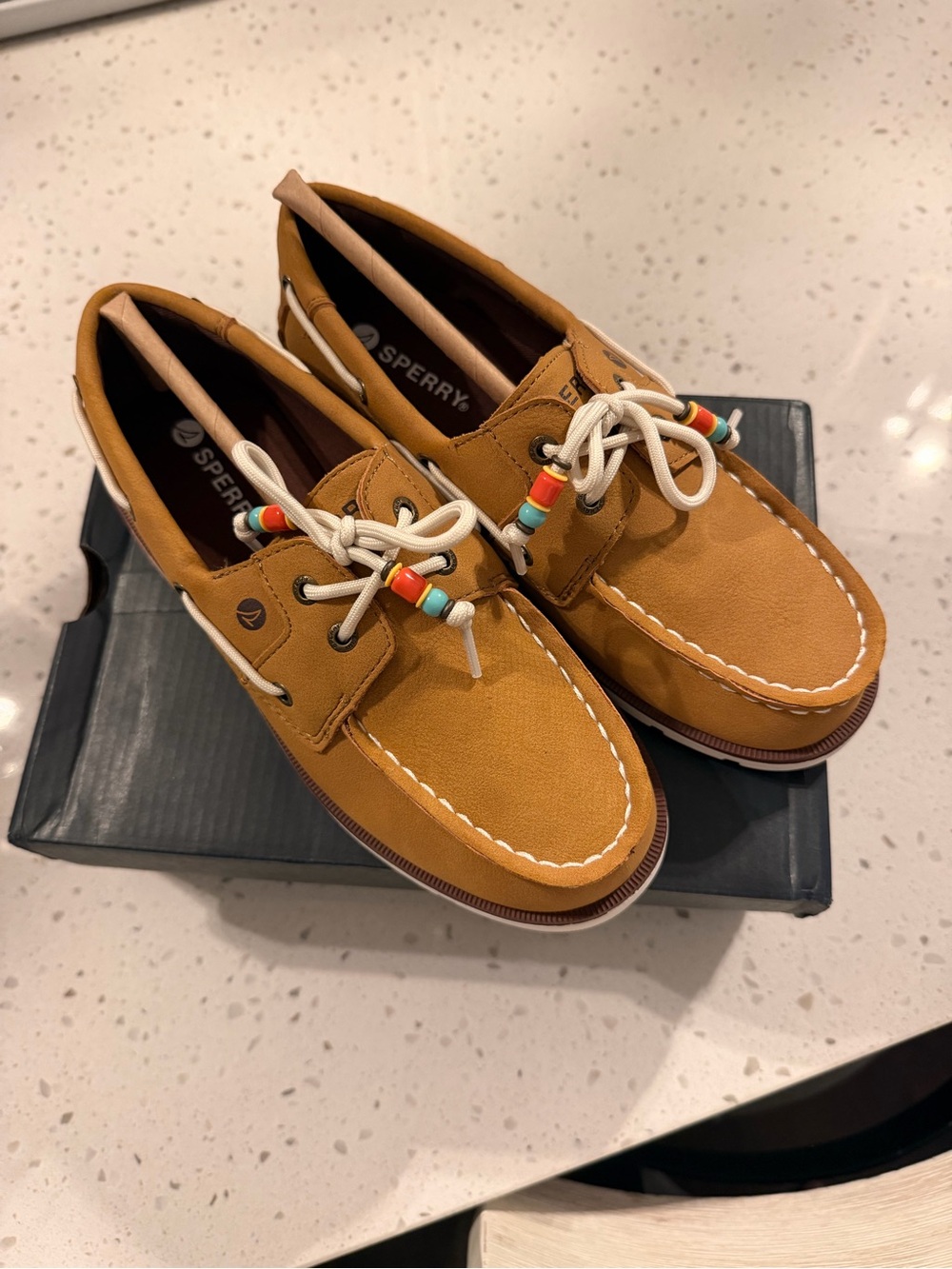 Sperry Chestnut Leather Men’s Boat Shoes with Beaded Laces